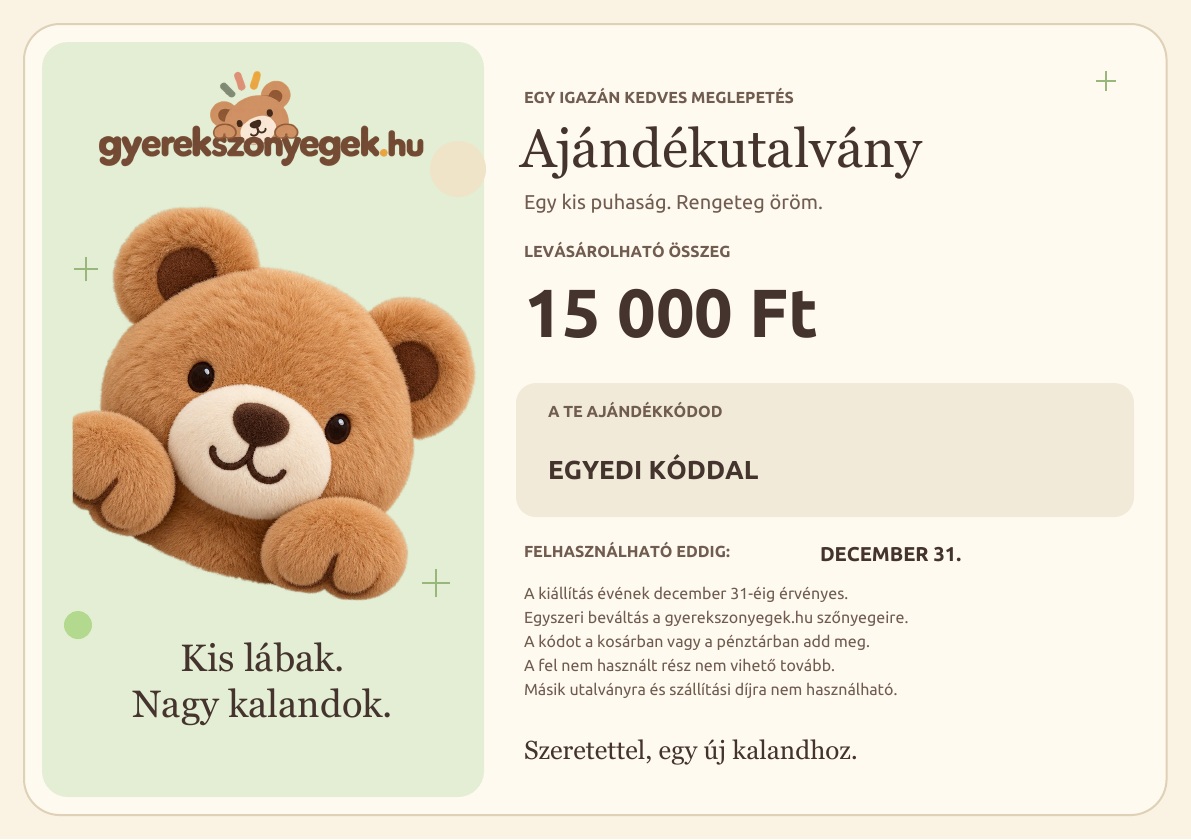 15 000 Ft-os digitális ajándékutalvány, Gyerekszőnyegek.hu logóval és plüssmackóval.