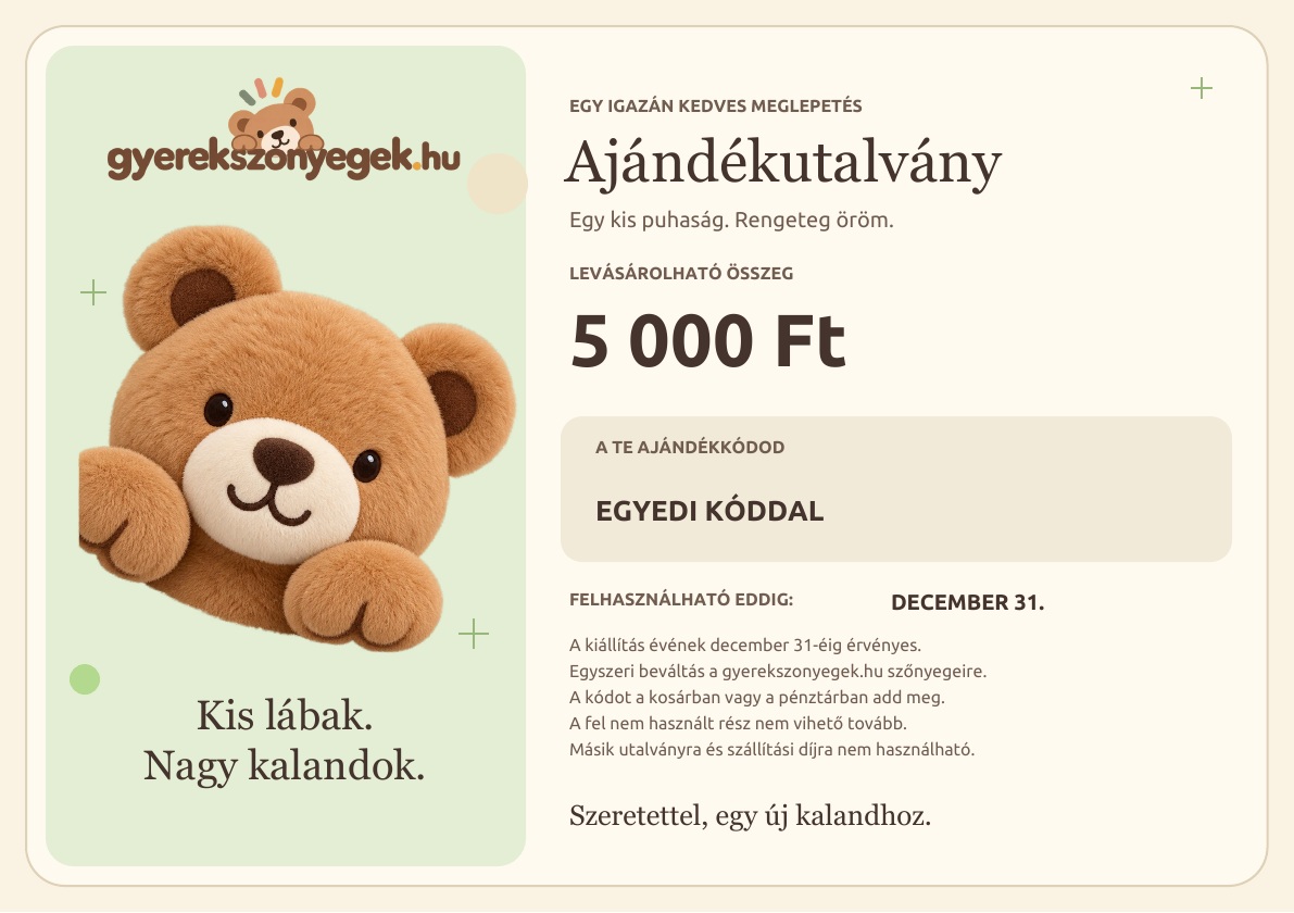 5 000 Ft-os digitális ajándékutalvány, Gyerekszőnyegek.hu logóval és plüssmackóval.